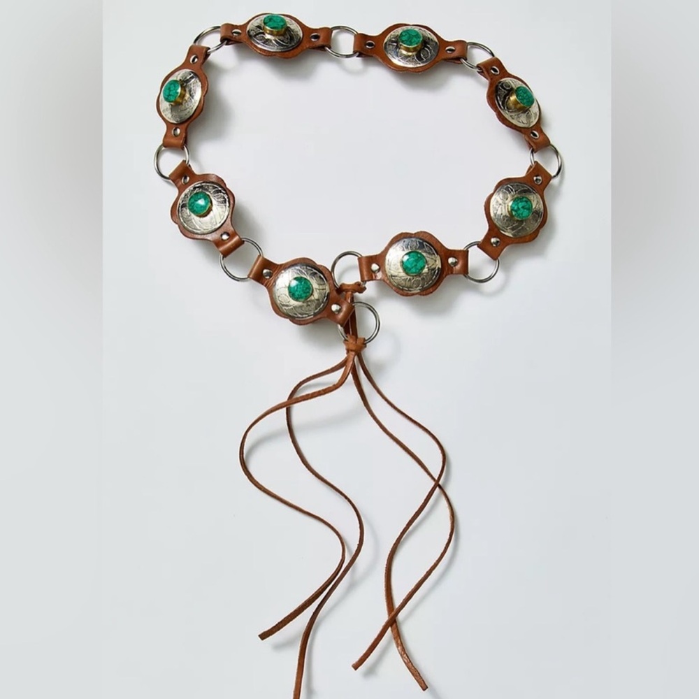 Free People Brown Leather Western Concho Belt with Green Accent Stones